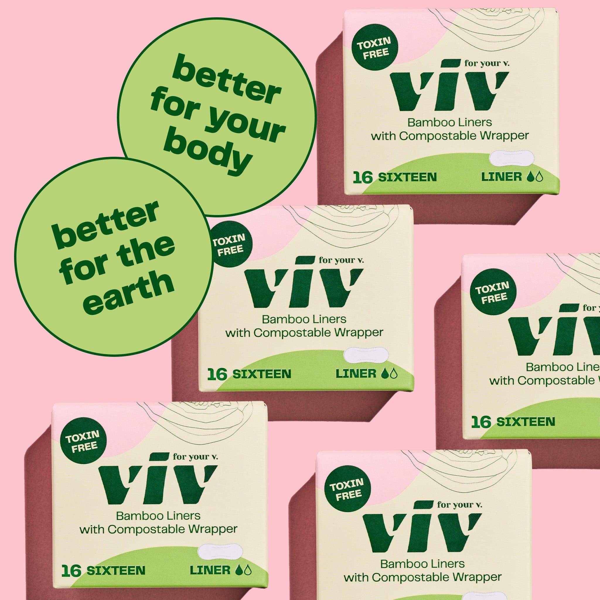 Boxes of Viv Bamboo Liners with Compostable Wrappers sit on a bright pink backdrop. Viv Panty Liners are better for your body and better for the earth.