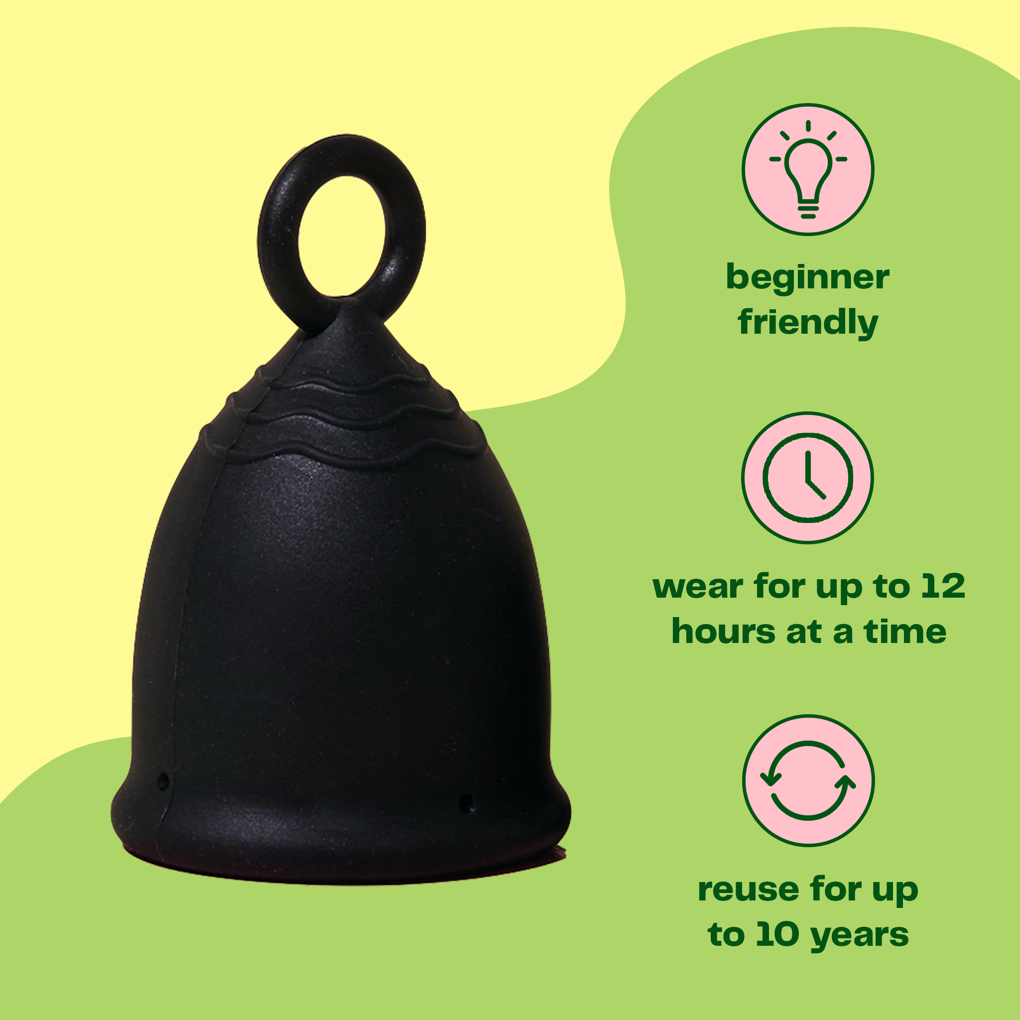 The viv cup is a beginner friendly menstrual cup, has wear for up to 12 hours at a time and can be reused for up to 10 years, making it ideal for reusable period care.