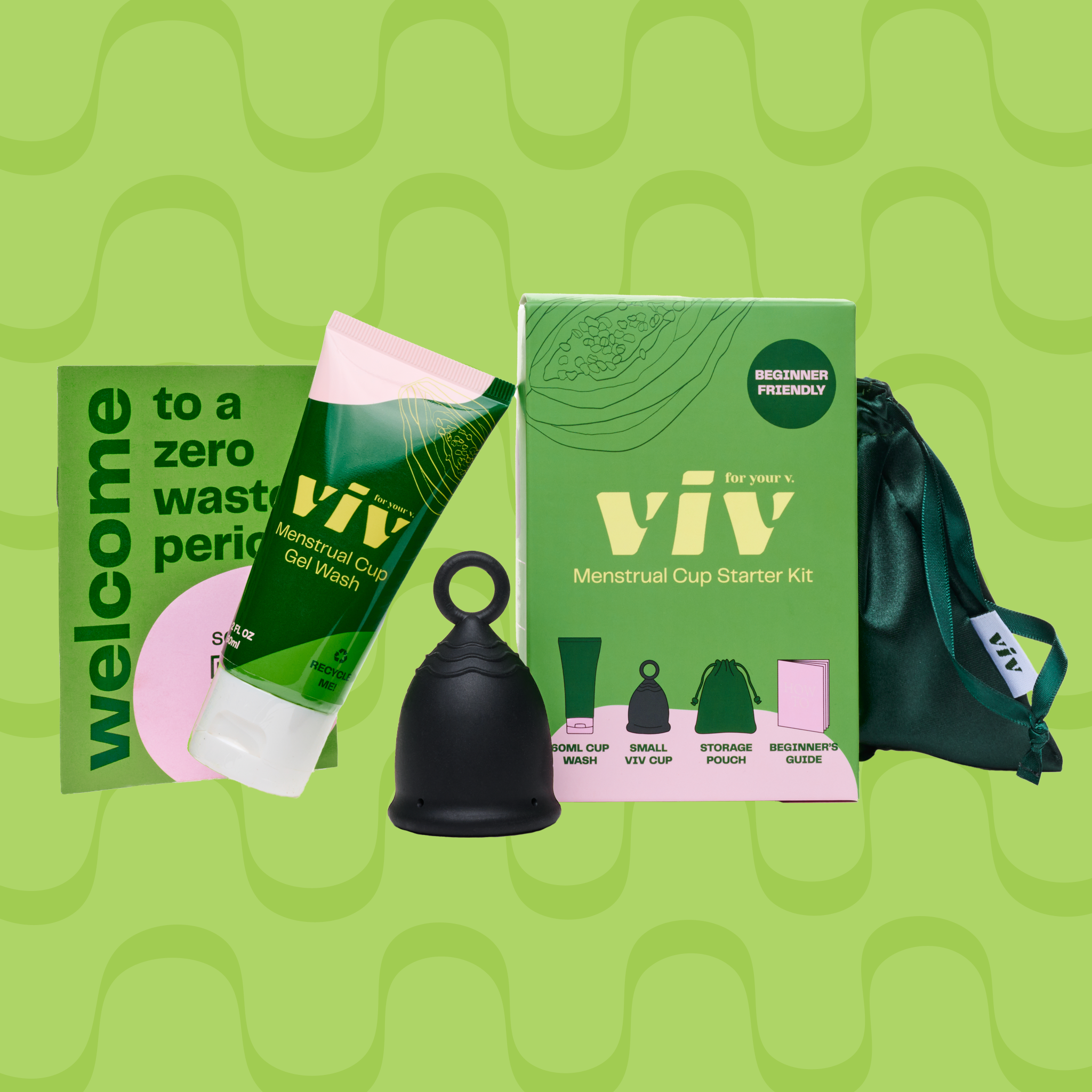 The contents of the sustainable menstrual cup kit sit in front of a cool green background. From left to right there is a beginner's guide to menstrual cup, an all-natural menstrual cup gel wash, the easy removal cup, the box packaging, and a cup pouch.