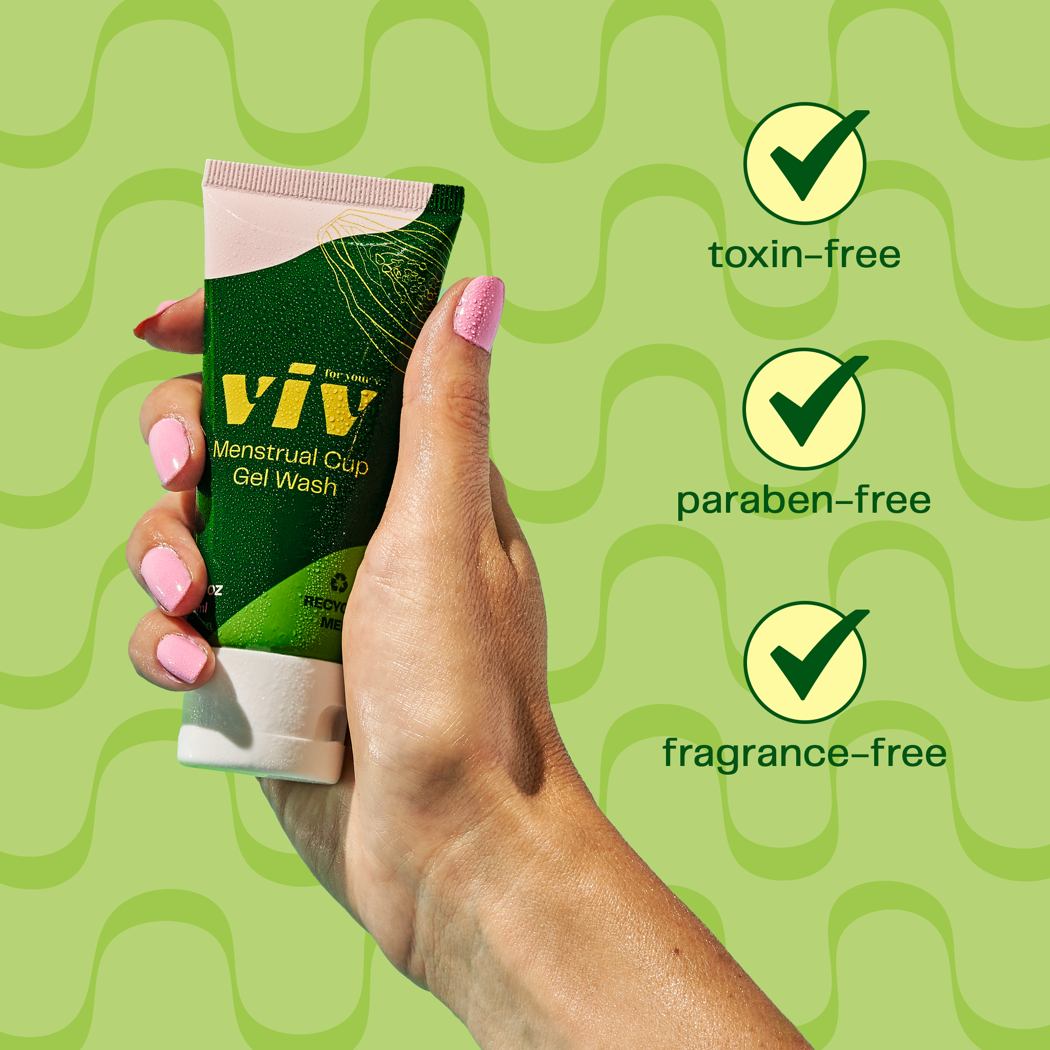 Plant based cruelty free, paraben free, fragrance free and toxin free period cup gel wash. By Viv.
