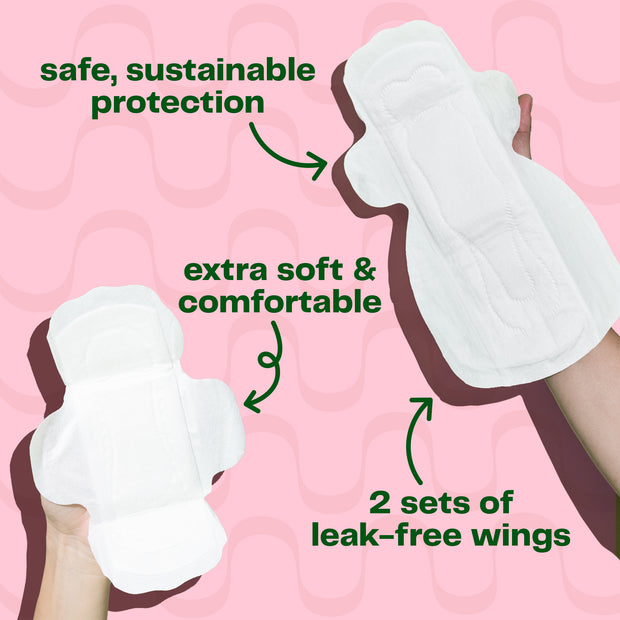 Viv Pads offer safe, sustainable period protection, with extra soft & comfortable bamboo fiber, and 2 sets of leak-free winged on Viv Double-Winged Night Pads