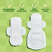 Viv Day and Night Winged Bamboo Pads are made of biodegradable bamboo fiber, are 100% plastic-free, 100% toxin-free pads with leak-free wings