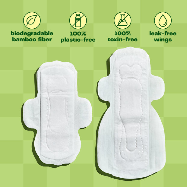 Viv Day and Night Winged Bamboo Pads are made of biodegradable bamboo fiber, are 100% plastic-free, 100% toxin-free pads with leak-free wings