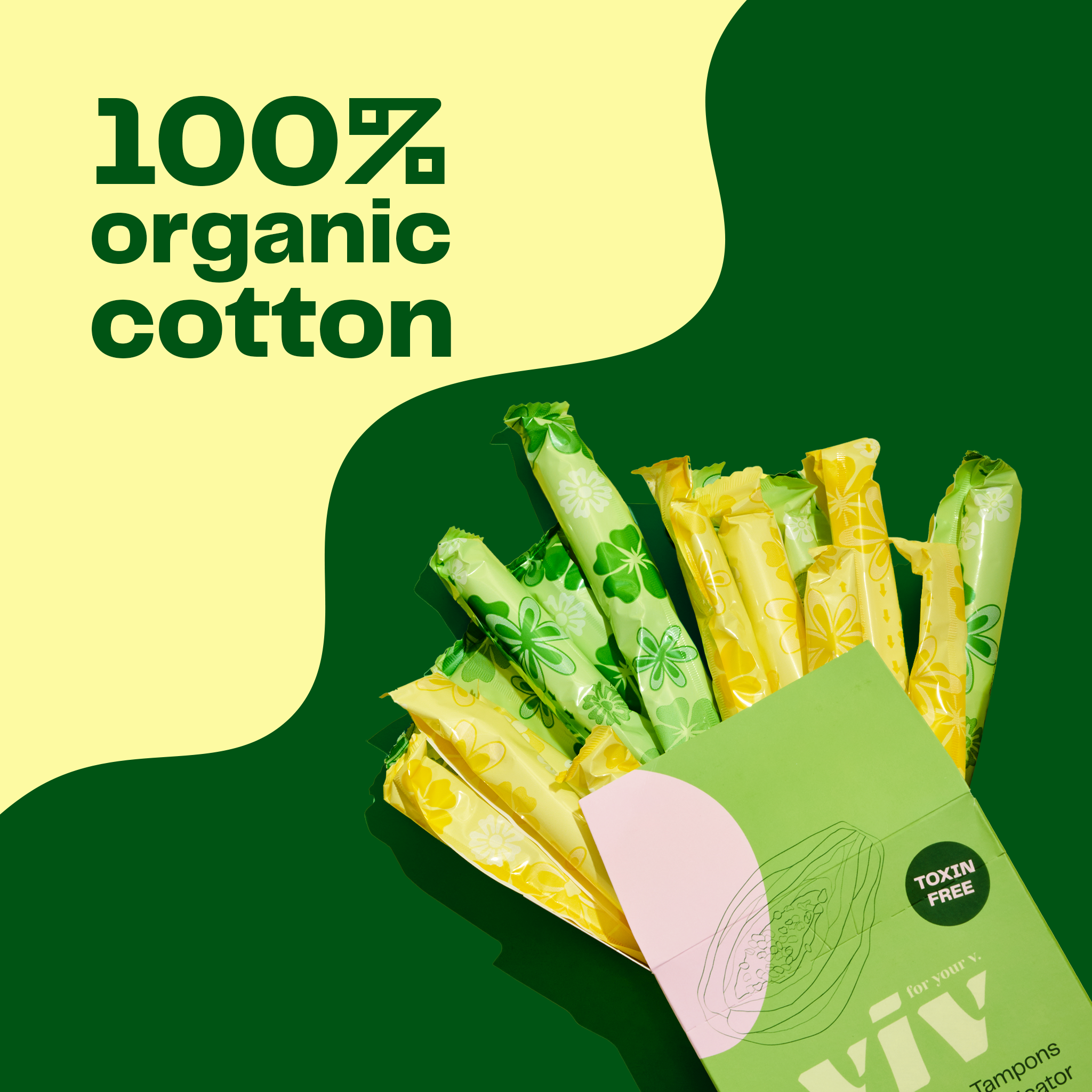 An open box of viv 100% organic cotton tampons with tampons in bold bright colors and patterns spilling out of the box. 