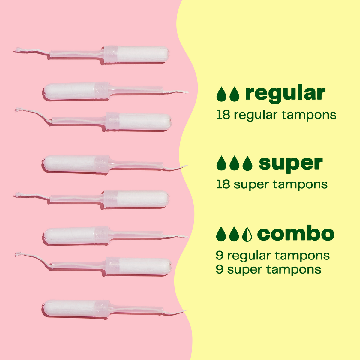 A picture illustrating the mass of tampons in the box. 18 regular tampons, 18 super tampons, combo of 9 regular tampons and 9 super tampons. 