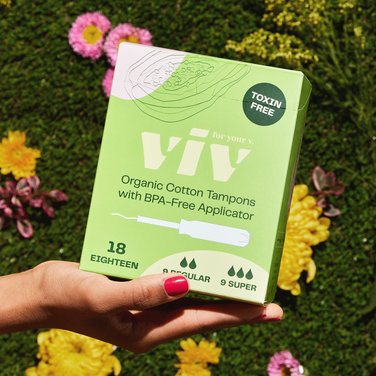 A box of organic cotton tampons with BPA-free applicator which is also toxin free. This combo box contains 18 tampons in total. 9 regular and 9 super.