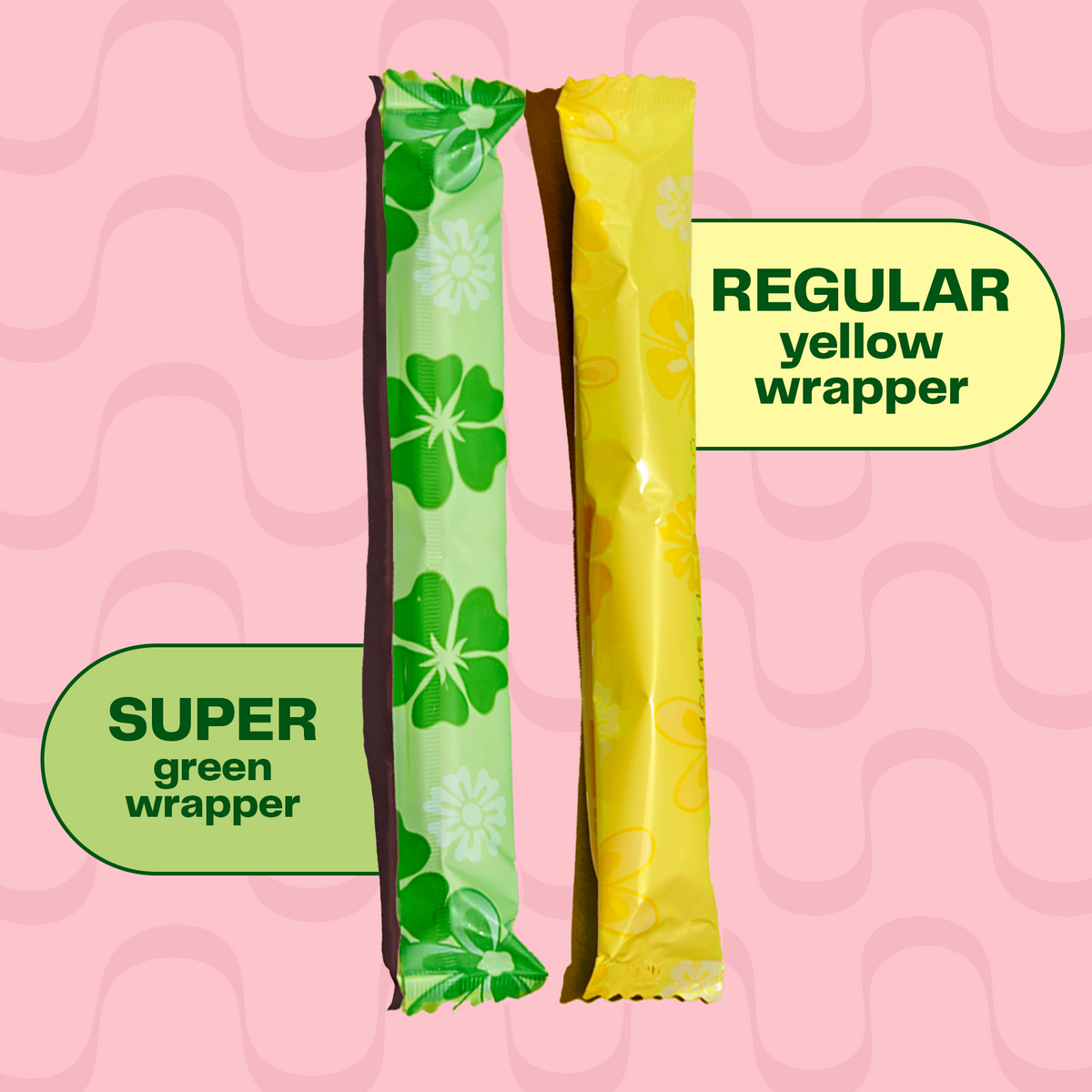 Two tampons lay on a pink backround with a cool wavy pink pattern. The super tampon is in a green floral biodegradable wrapper, while the regular tampon is in a yellow floral wrapper