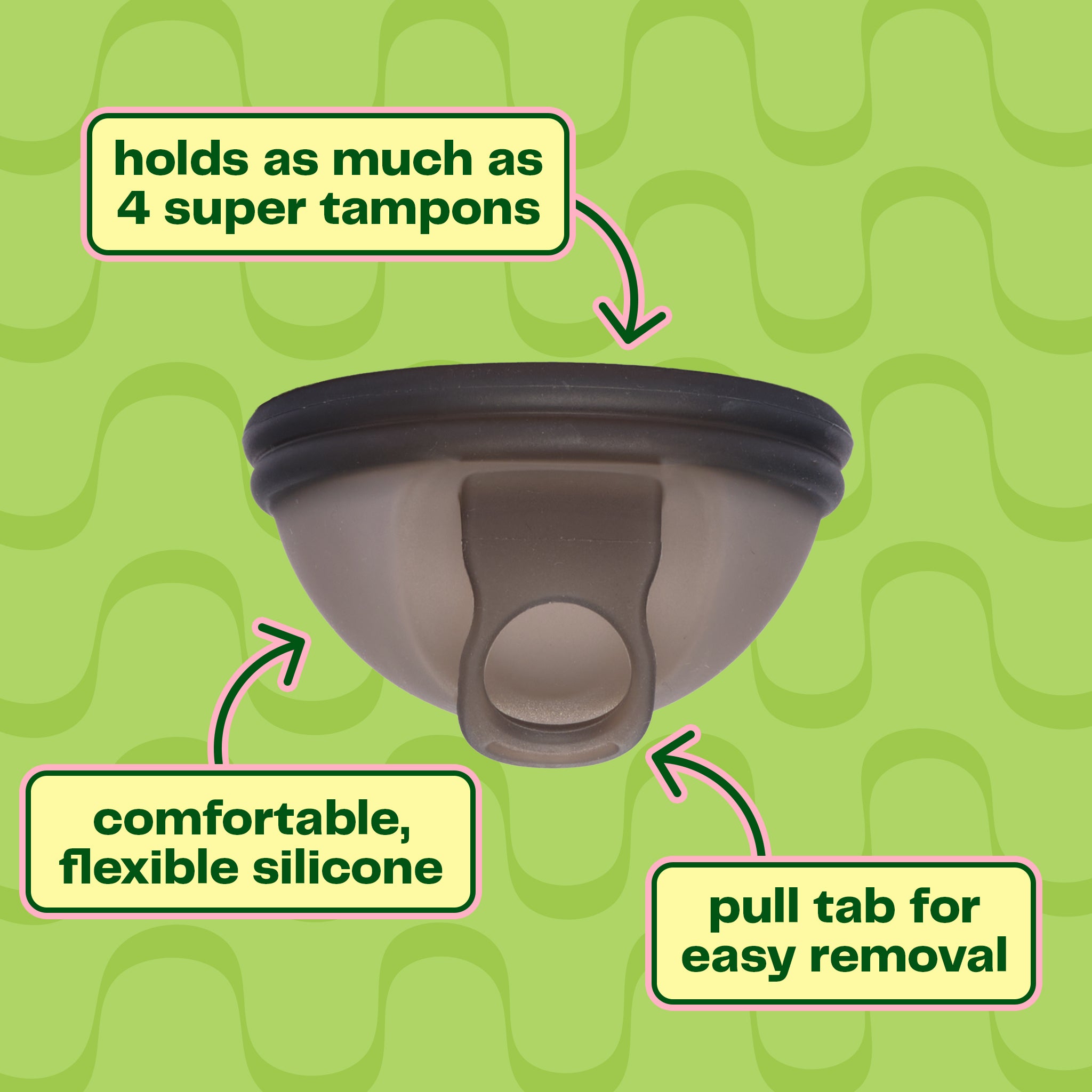 The Viv Disc, a dark grey menstrual disc with a pull tab in the center, sits on a bright green backdrop. The Viv Disc holds as much as 4+ super tampons. It's made of comfortable, flexible, 100% medical-grade silicone. The Viv Disc has a pull tab for easy removal, making it the best beginner menstrual disc.