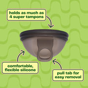 The Viv Disc, a dark grey menstrual disc with a pull tab in the center, sits on a bright green backdrop. The Viv Disc holds as much as 4+ super tampons. It's made of comfortable, flexible, 100% medical-grade silicone. The Viv Disc has a pull tab for easy removal, making it the best beginner menstrual disc.