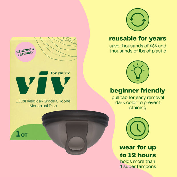 The Viv Disc and its yellow box sit on a colorful pink and yellow background. The Viv Disc is reusable for YEARS, so you&