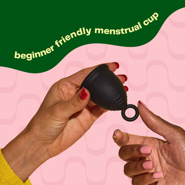 The Viv Menstrual Cup is designed for beginners with a ring stem and a dark color to prevent staining.