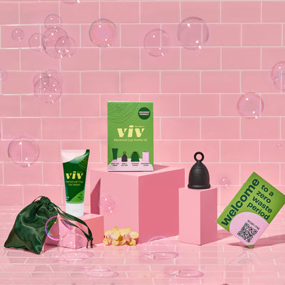 The viv menstrual cup kit contains a 60 ml cup was, a small viv menstrual cup, a storage pouch and a beginners guide. 