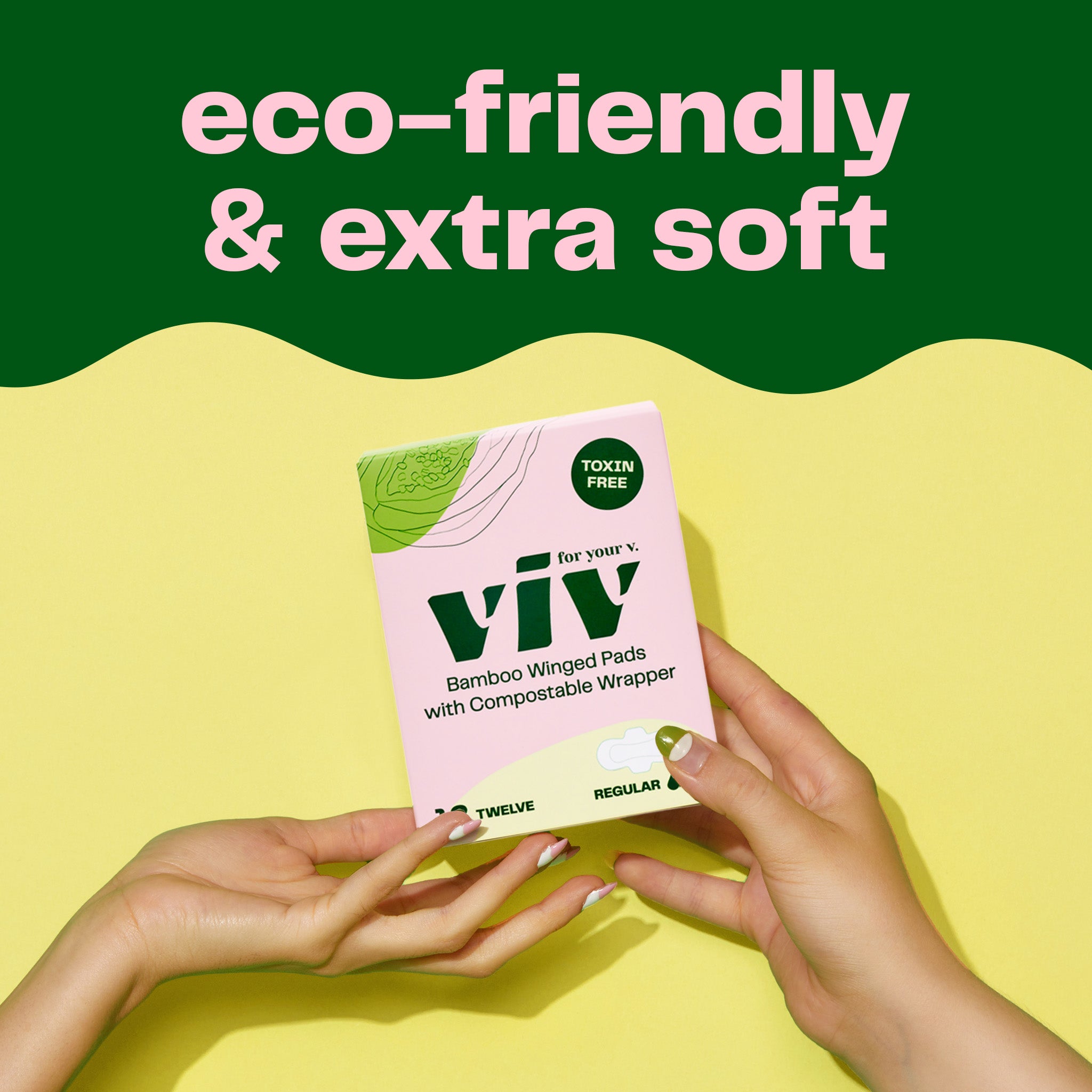 Viv winged Bamboo Pads are eco-friendly and extra soft. A box of Viv Bamboo Winged Day Pads is handed from one hand to another on a bright yellow backdrop.