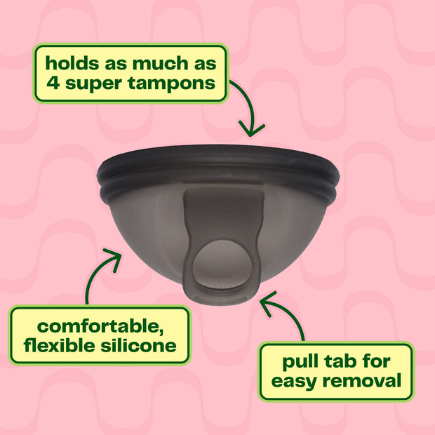 The Viv Menstrual Disc holds as much as 4 super tampons, is made of comfortable, flexible silicone, and has a pull tab for easy removal