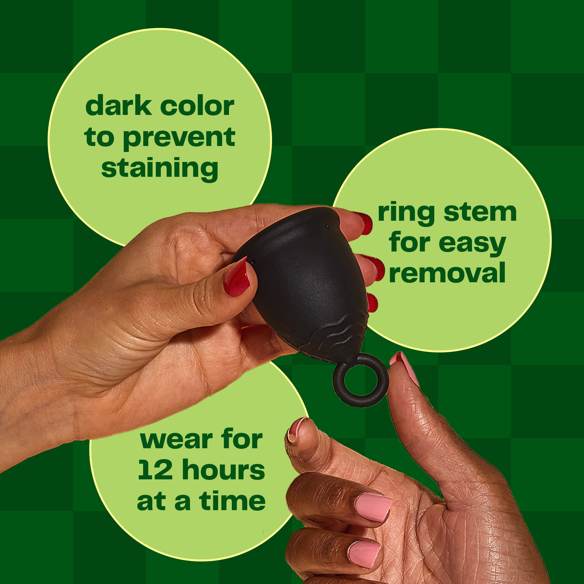 The Viv Menstrual Cup is a dark color to prevent staining, has a ring stem for easy removal, and can be worn for up to 12 hours at a time.