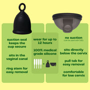 The Viv Menstrual Cup uses a suction seal to stay secure, sits in the vaginal canal, and has a ring stem for easy removal. The Viv Menstrual Disc does not use any suction (so it can be used if you have an IUD), it sits directly below the cervix, and has a pull tab for easy removal. The Viv Disc is comfortable for a low cervix. Both the Viv Cup and Viv Disc can be worn for up to 12 hours, are made of 100% medical-grade silicone, and can hold as much as 4 super tampons