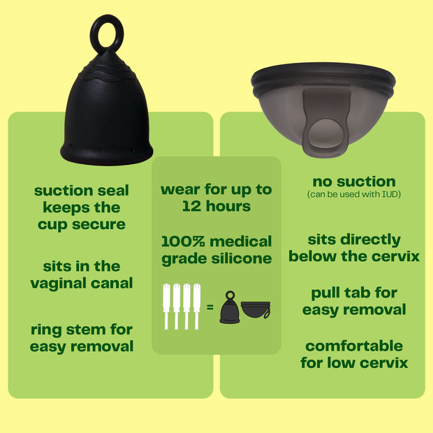 The Viv Menstrual Cup uses a suction seal to stay secure, sits in the vaginal canal, and has a ring stem for easy removal. The Viv Menstrual Disc does not use any suction (so it can be used if you have an IUD), it sits directly below the cervix, and has a pull tab for easy removal. The Viv Disc is comfortable for a low cervix. Both the Viv Cup and Viv Disc can be worn for up to 12 hours, are made of 100% medical-grade silicone, and can hold as much as 4 super tampons