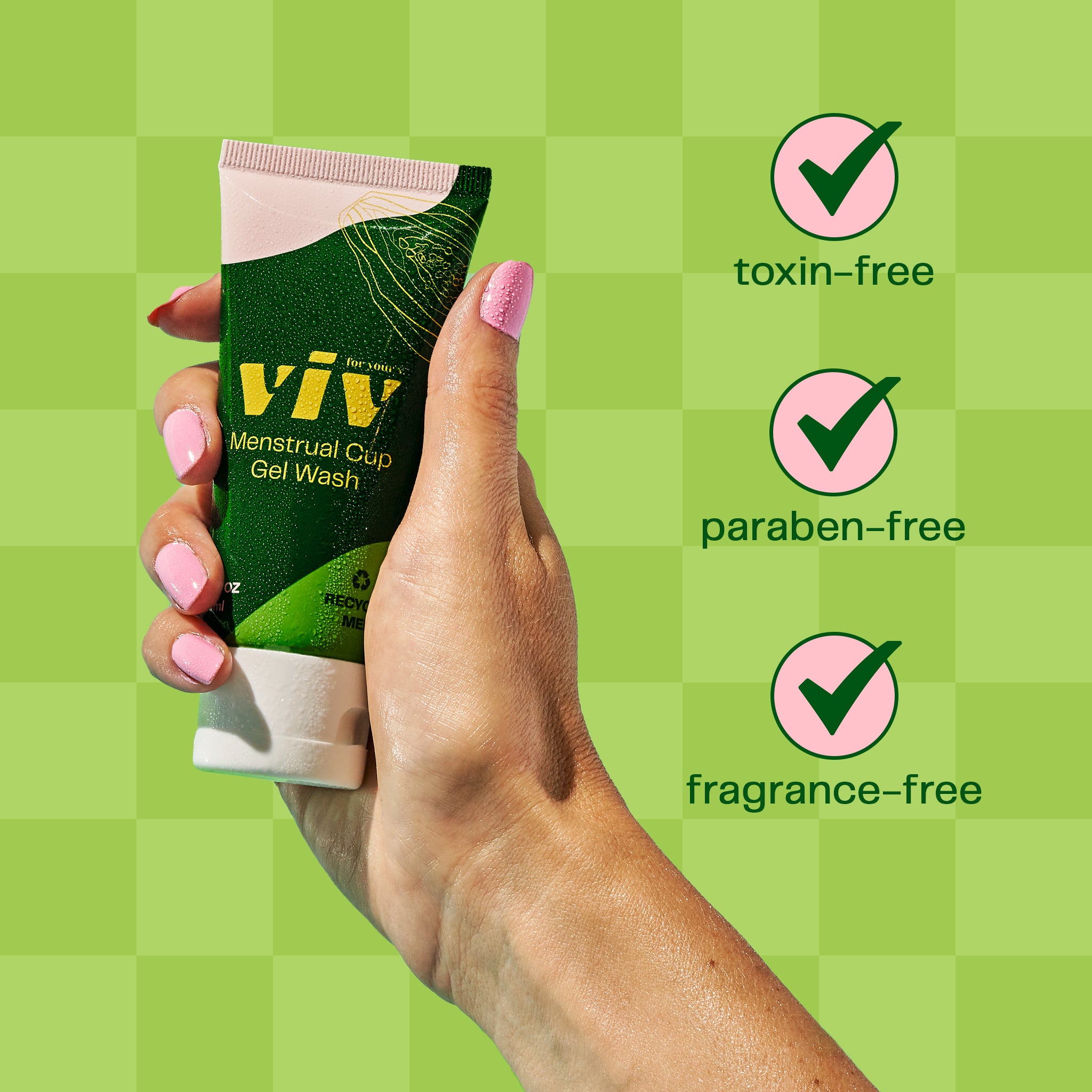 The Viv Menstrual Cup and Disc Gel Wash is toxin-free, paraben-free, and fragrance-free; an all-natural and safe way to clean your menstrual cup or disc
