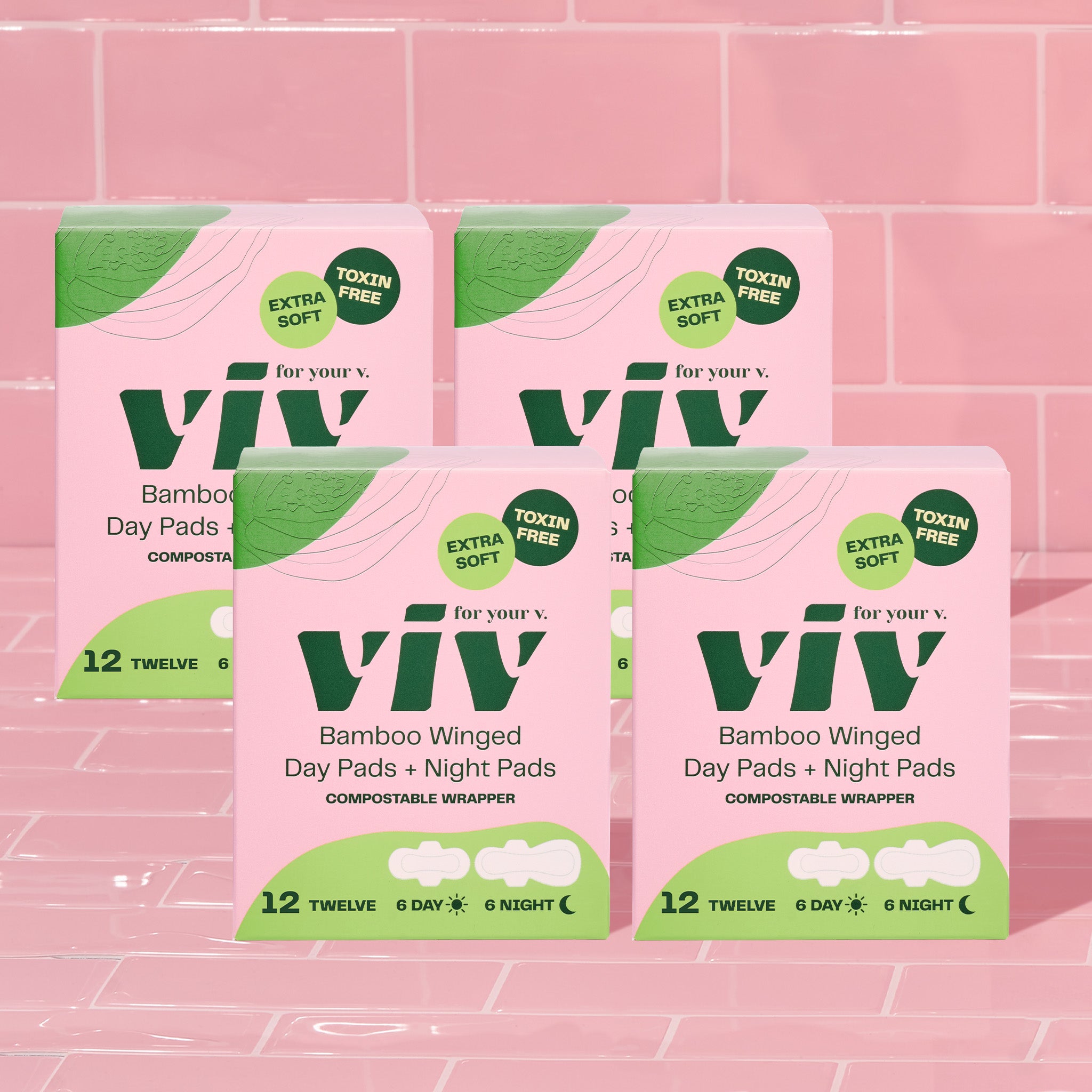 viv pads are 100% plastic-free, 100% toxin-free, and biodegrade in 150 days. made of ultra-soft bamboo fiber, viv pads are naturally antibacterial, allergen-free, bpa-free, phthalate-free, and 4 times more absorbent than traditional pads. viv pads are wrapped in a compostable corn starch wrapper, for a completely plastic-free period.