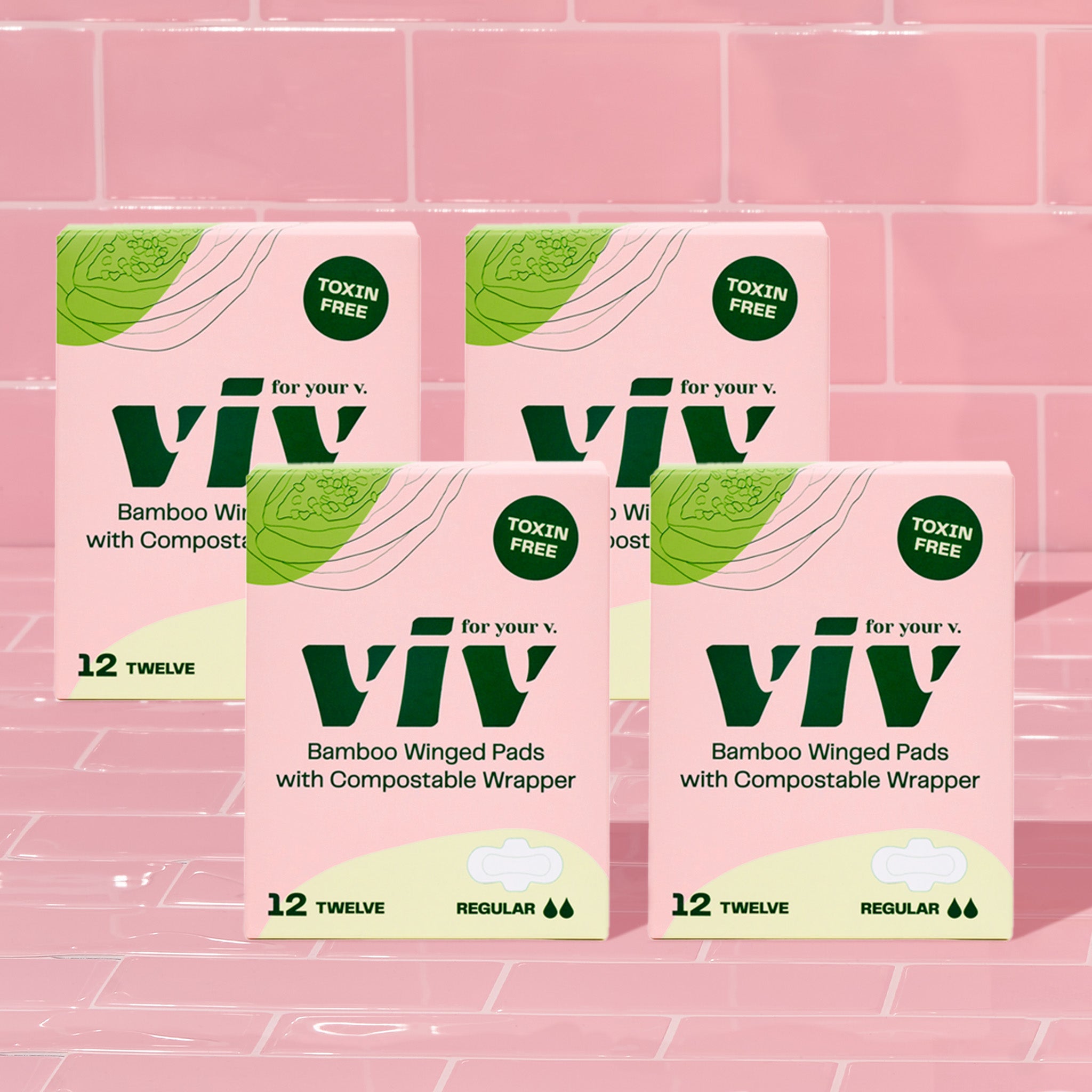 viv pads are 100% plastic-free, 100% toxin-free, and biodegrade in 150 days. made of ultra-soft bamboo fiber, viv pads are naturally antibacterial, allergen-free, bpa-free, phthalate-free, and 4 times more absorbent than traditional pads. viv pads are wrapped in a compostable corn starch wrapper, for a completely plastic-free period.