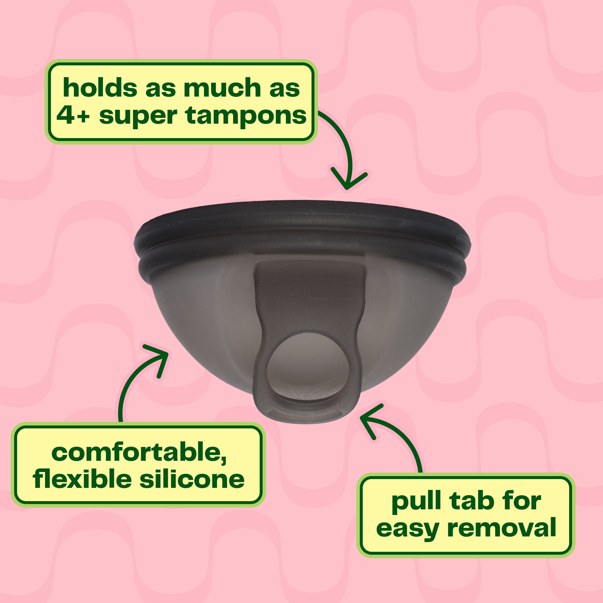 The Viv Disc sits on a pink background, showing that it holds as much as 4+ super tampons. The Viv Disc is made of comfortable, flexible, 100% medical-grade silicone, and has a pull tab for easy removal.