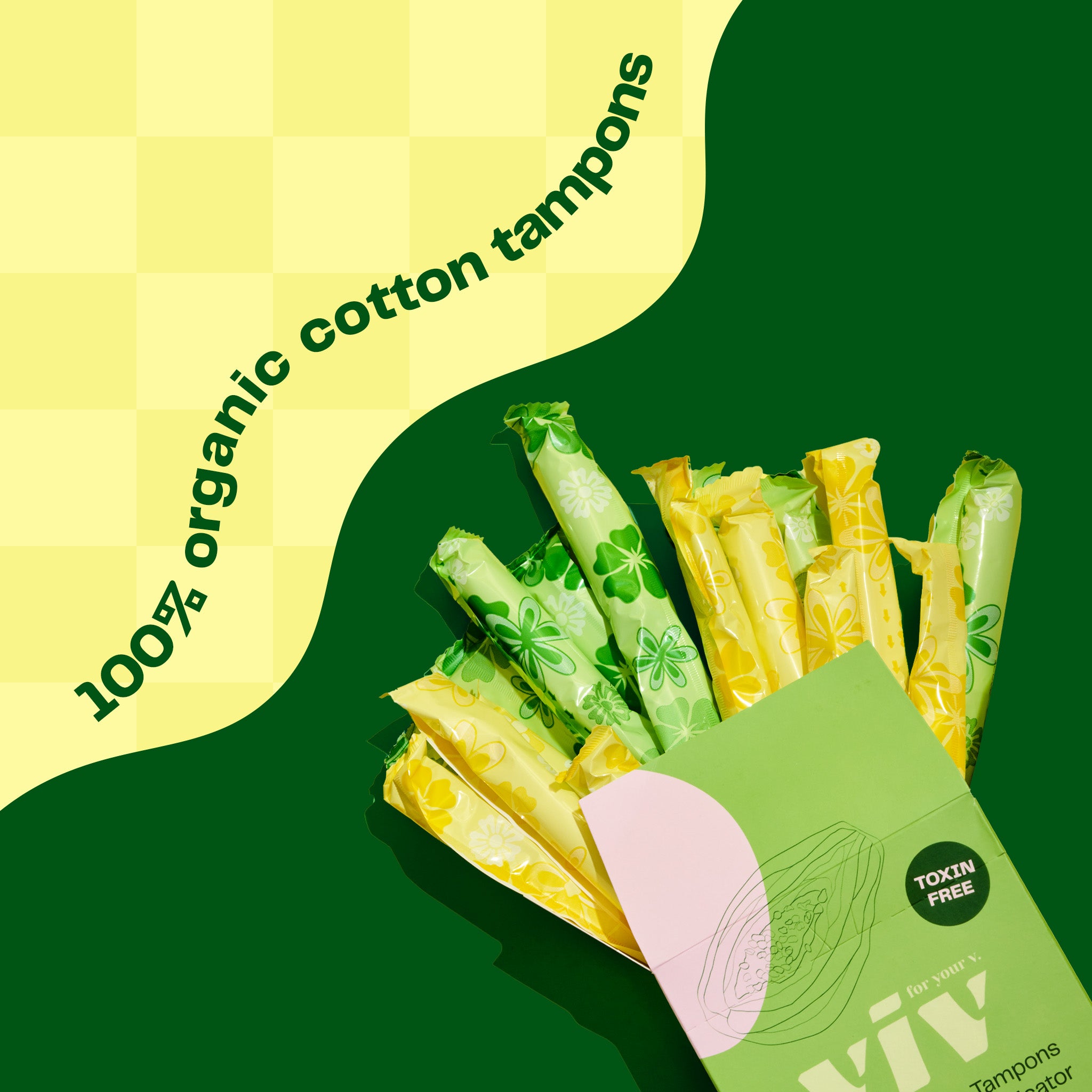 The Viv Discovery Kit includes a box of Viv 100% Organic Cotton Tampons. Viv Tampons are completely toxin-free and contain only one ingredient: 100% organic cotton, making them a safe and natural period care option.