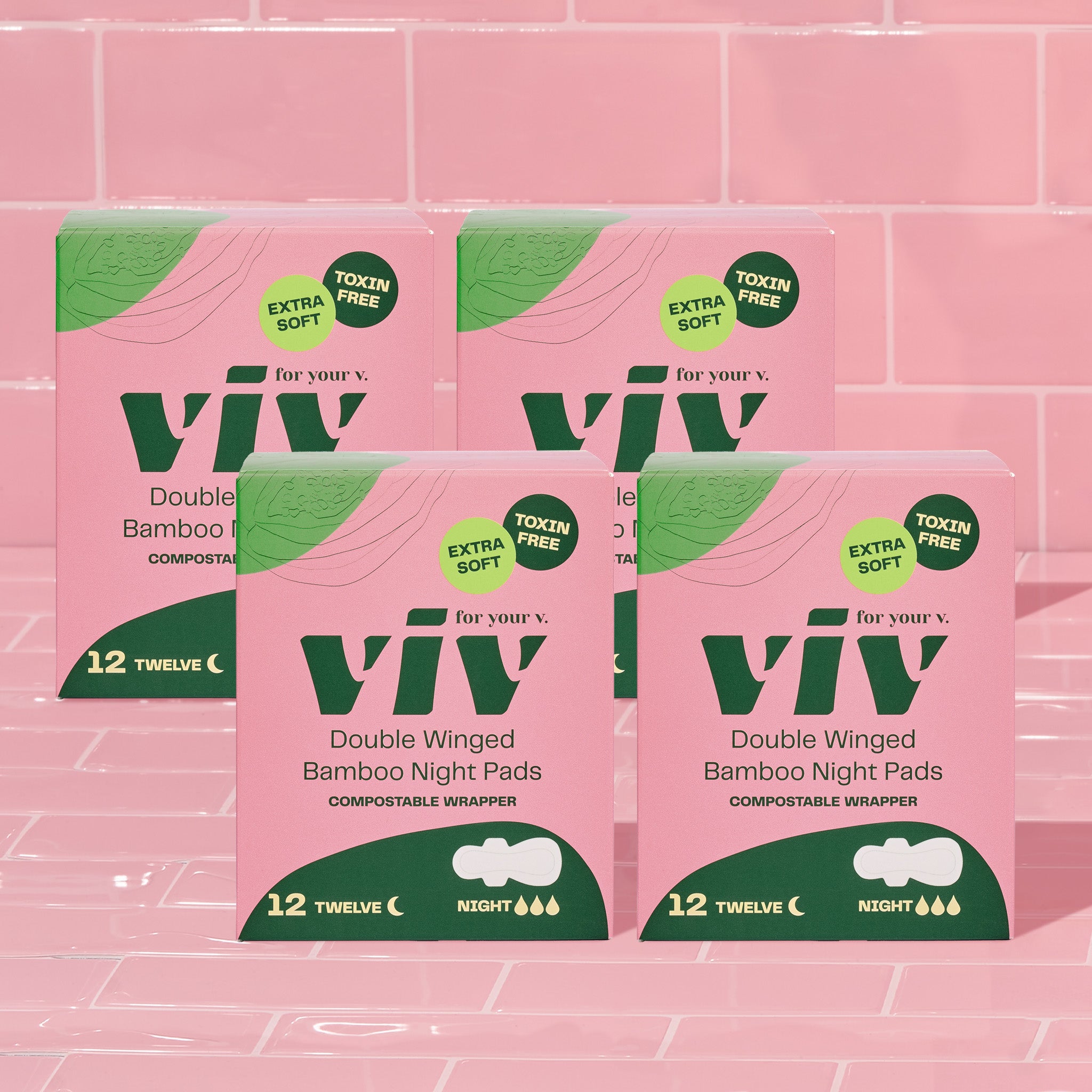viv pads are 100% plastic-free, 100% toxin-free, and biodegrade in 150 days. made of ultra-soft bamboo fiber, viv pads are naturally antibacterial, allergen-free, bpa-free, phthalate-free, and 4 times more absorbent than traditional pads. viv pads are wrapped in a compostable corn starch wrapper, for a completely plastic-free period.