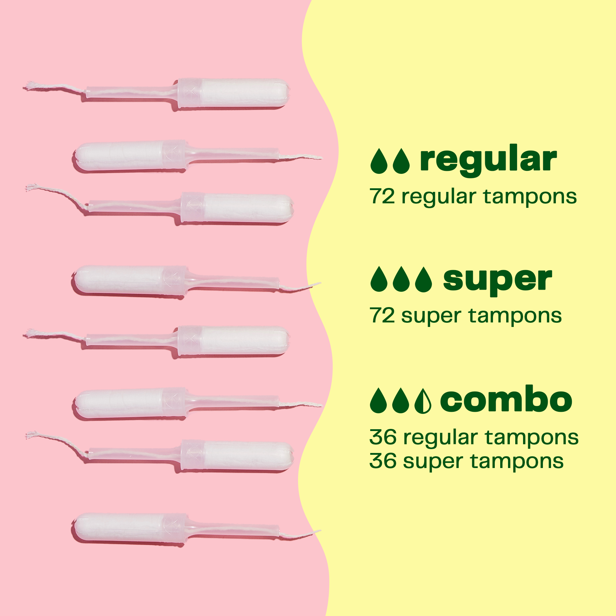 A picture illustrating the mass of tampons in the box. 72 regular tampons, 72 super tampons, combo of 36 regular tampons and 36 super tampons.