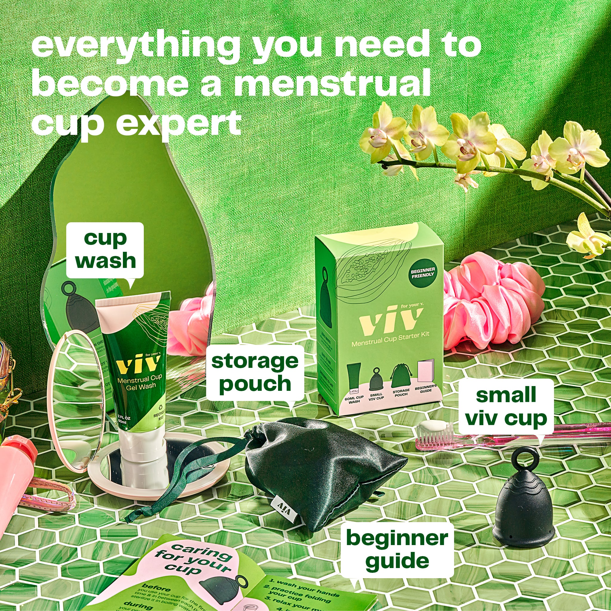 Everything you need to become a menstrual cup expert. The kit contains a small viv cup, beginner guide, storage pouch and a cup wash. All containers are made of 100% recyclable materials.  